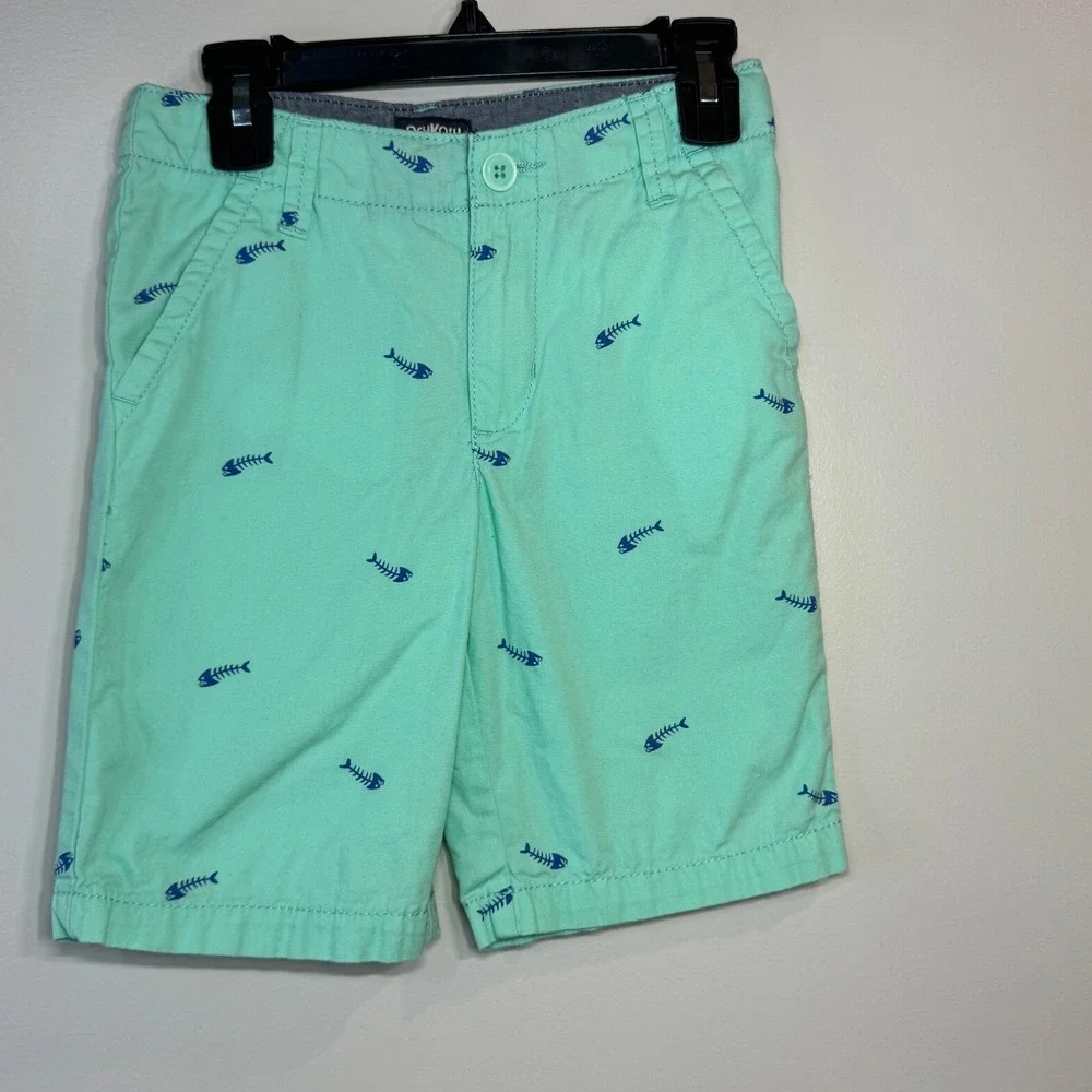 OshKosh Fish Skeleton Print Chino‎ Shorts Boys 7 Mint Nautical Summer Preppy